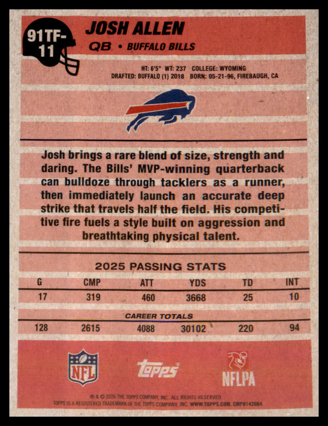 2026 Topps Flagship 1991 Topps Football #91TF-11 Josh Allen