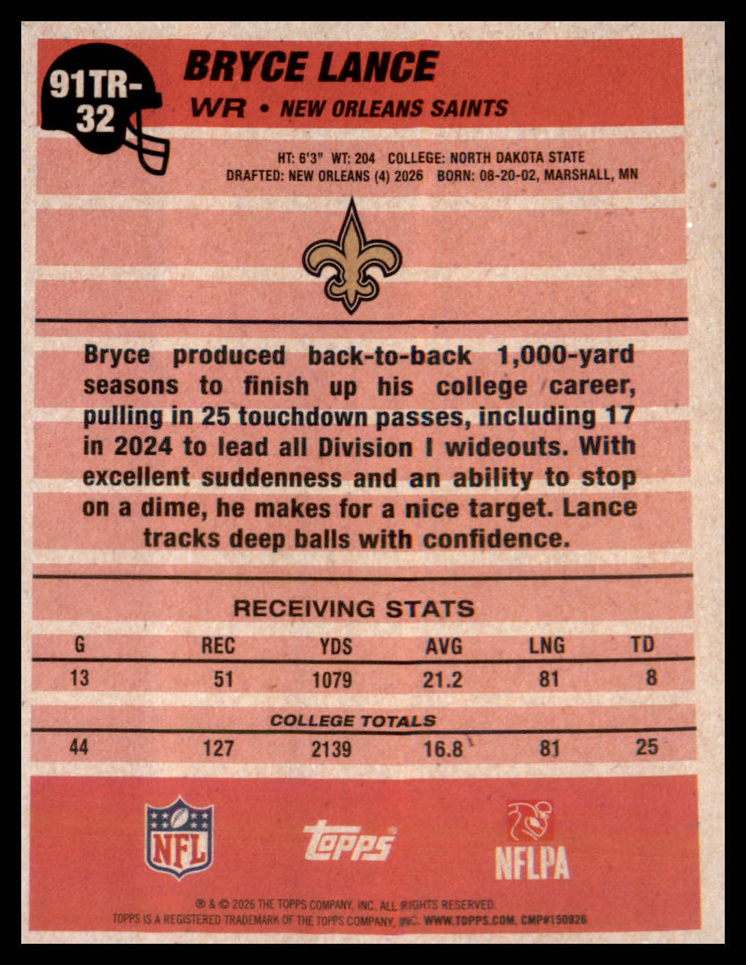 2026 Topps Flagship 1991 Topps Football Rookies #91TR-32 Bryce Lance