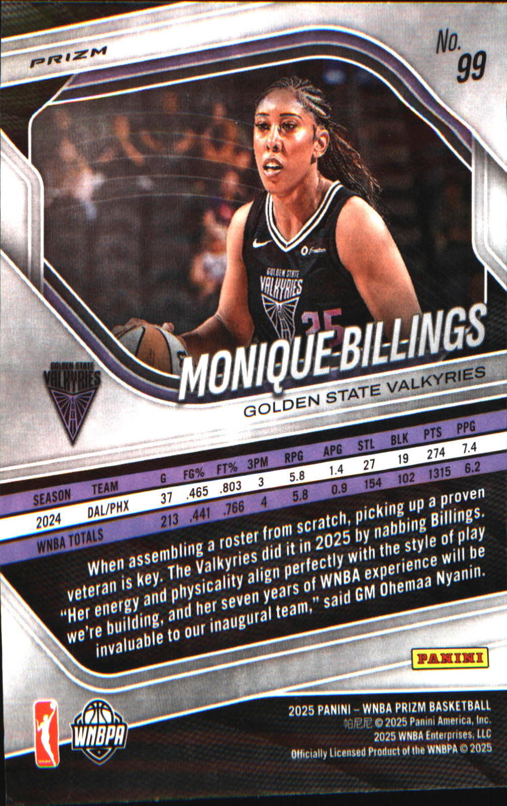 2025 Panini Prizm WNBA Blue Velocity Prizms #99 Monique Billings - Veteran Sports Cards FL