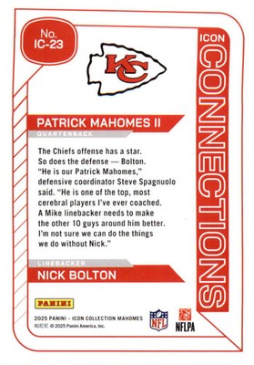 2025 Panini Mahomes Icon Collection  Icon #IC23 Patrick Mahomes II  Nick Bolton