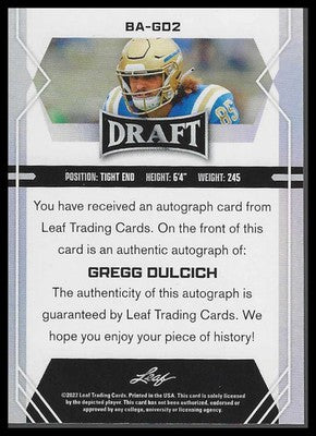 2022 Leaf Draft Autographs Gold #BA-GD2 Gregg Dulcich