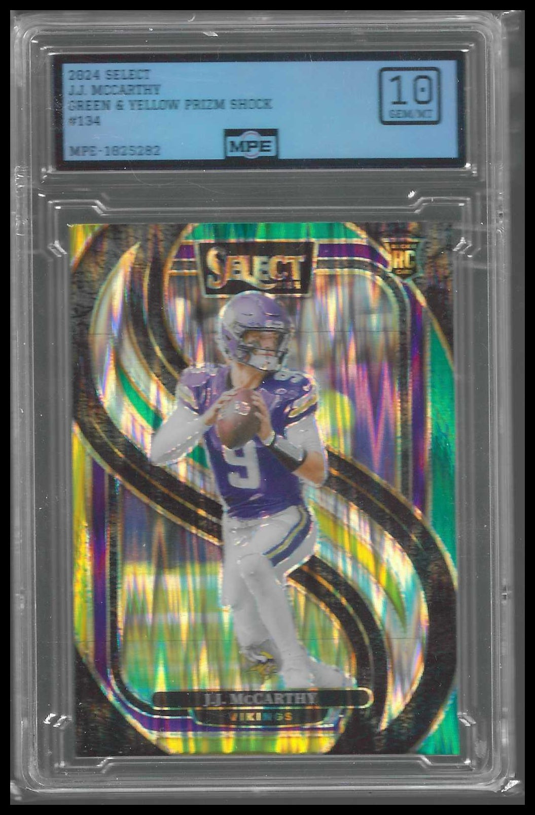 2024 Panini Select Green & Yellow Prizm Shock #134 J.J. McCarthy Rookie MPE 10 - Veteran Sports Cards FL