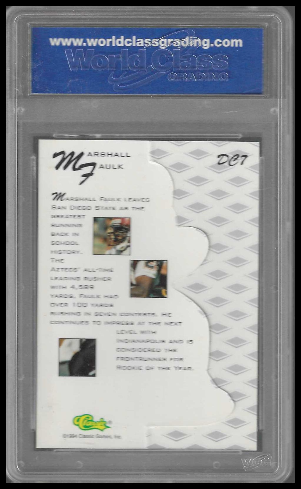 1994-95 Classic Assets Die Cuts #DC7 Marshall Faulk WCG GEM/MT 10 - Veteran Sports Cards FL