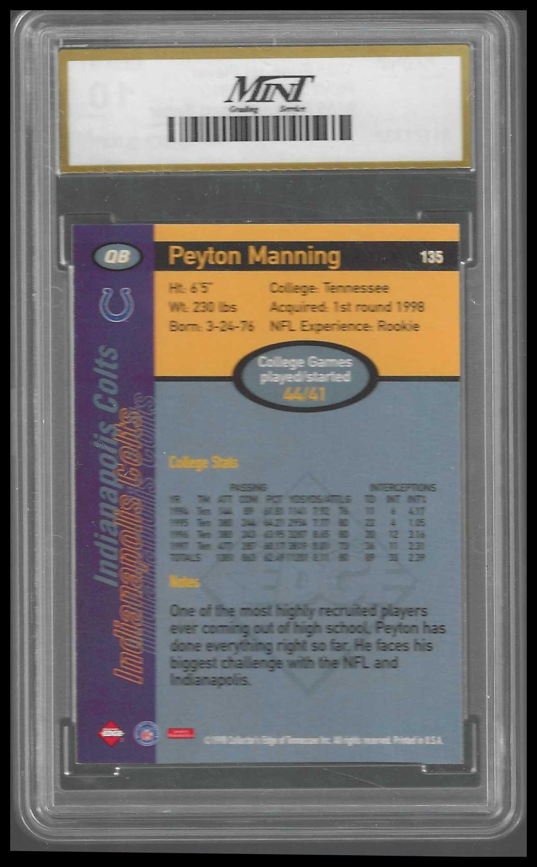 1998 Collector's Edge 1ST Place Record Setters #135 Peyton Manning Rookie MNT 10 - Veteran Sports Cards FL