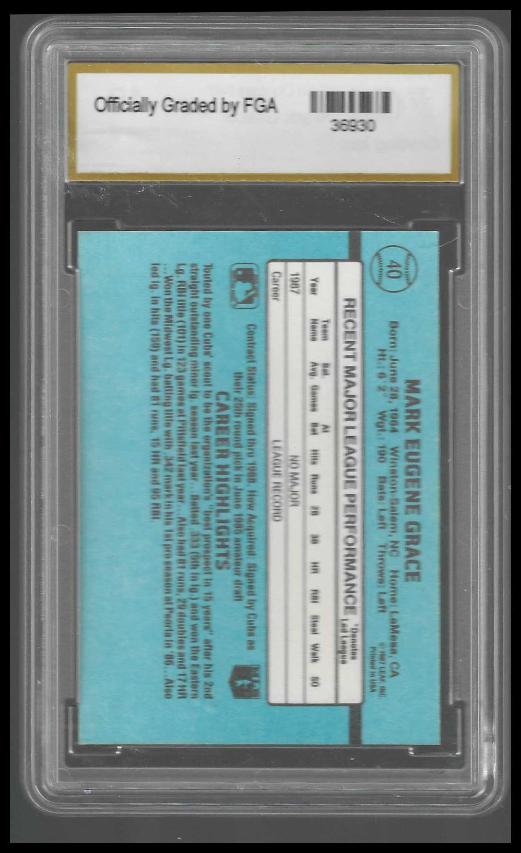 1988 Leaf #40 Mark Grace Rookie FGA GEM/MT 10 - Veteran Sports Cards FL