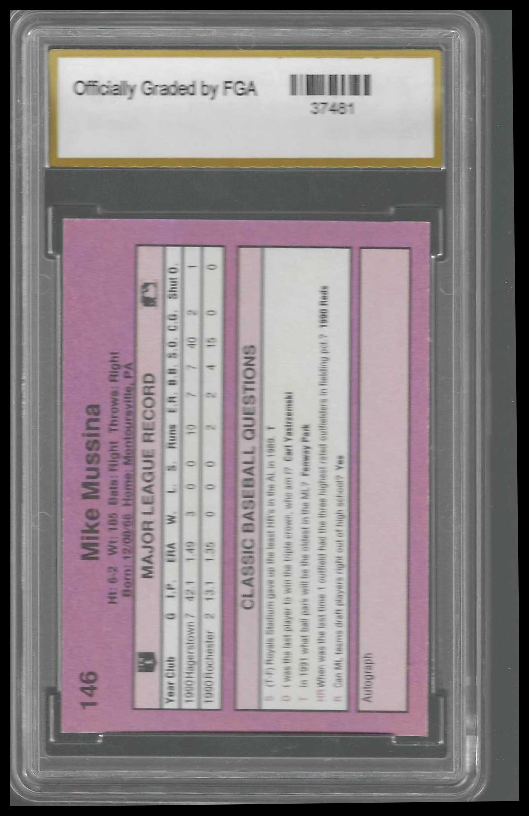 1991 Classic #146 Mike Mussina FGA GEM/MT 10 - Veteran Sports Cards FL