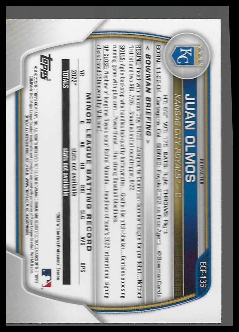 2023 Bowman Chrome Prospects Lunar Glow Refractors #BCP-136 Juan Olmos - Veteran Sports Cards FL