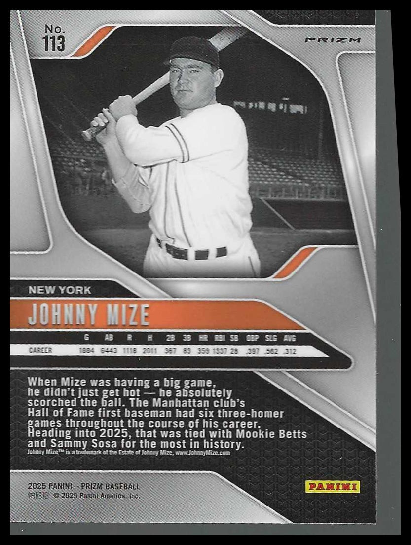2025 Panini Prizm Silver Prizms #113 Johnny Mize - Veteran Sports Cards FL