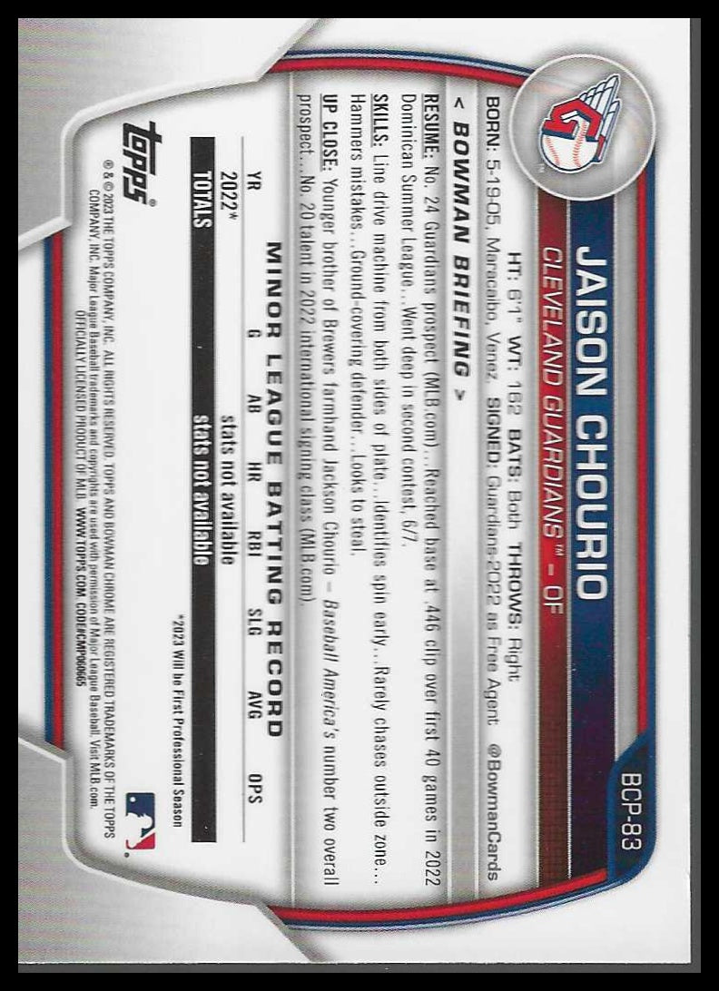 2023 Bowman Chrome Prospects #BCP-83 Jaison Chourio - Veteran Sports Cards FL