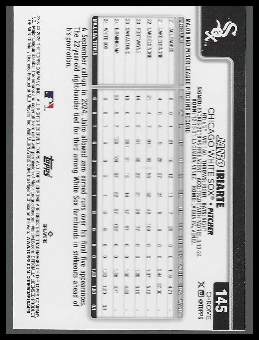 2025 Topps Chrome #145 Jairo Iriarte Rookie - Veteran Sports Cards FL