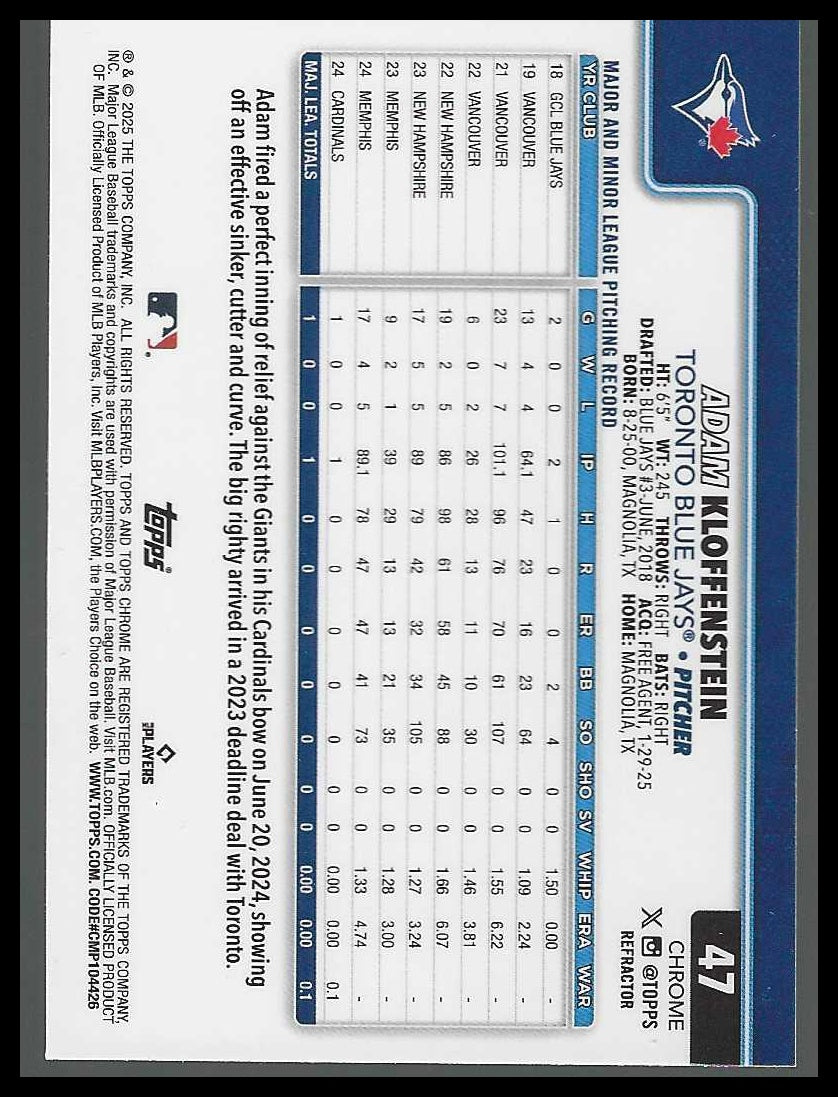 2025 Topps Chrome Refractors #47 Adam Kloffenstein Rookie - Veteran Sports Cards FL