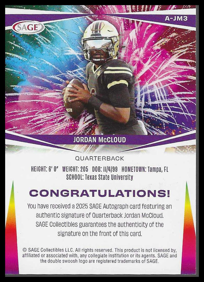 2025 SAGE HIT Autographs Red (Low Series) #A-JM3 Jordan McCloud - Veteran Sports Cards FL