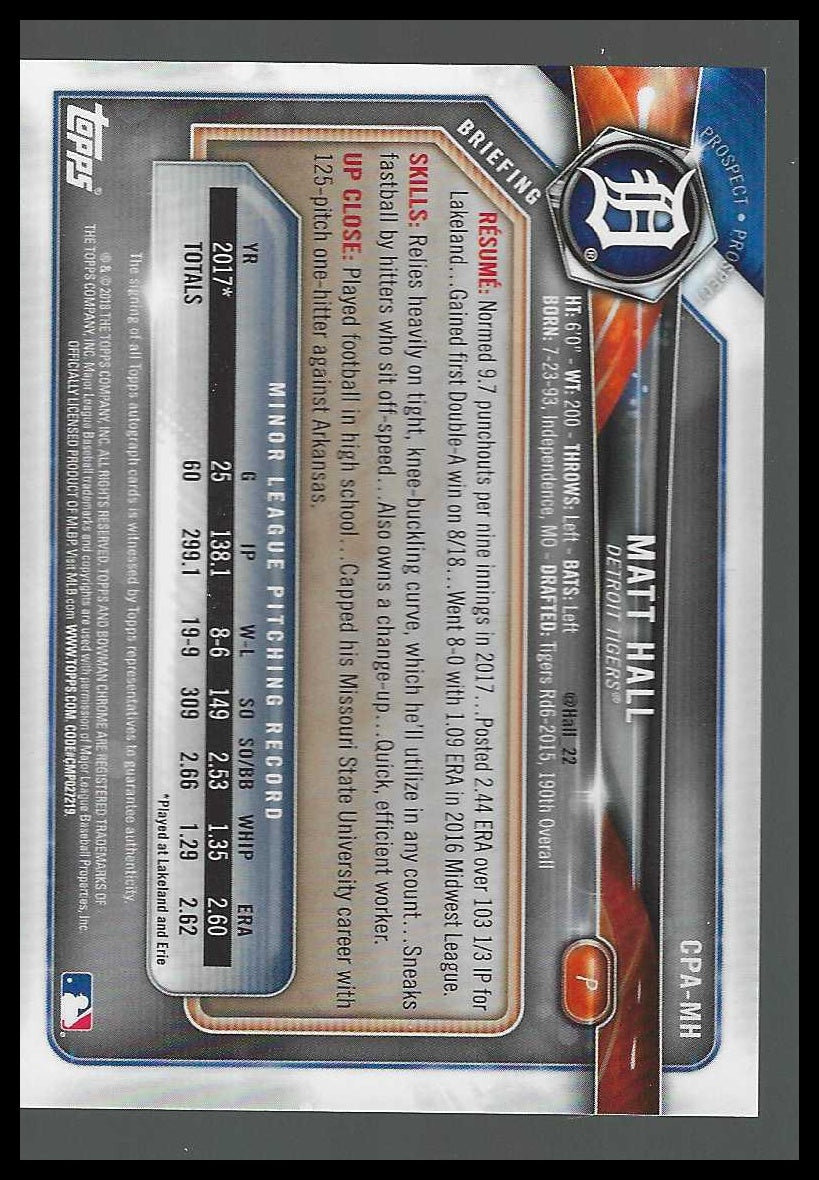 2018 Bowman Chrome Prospects Autographs #CPA-MH Matt Hall - Veteran Sports Cards FL