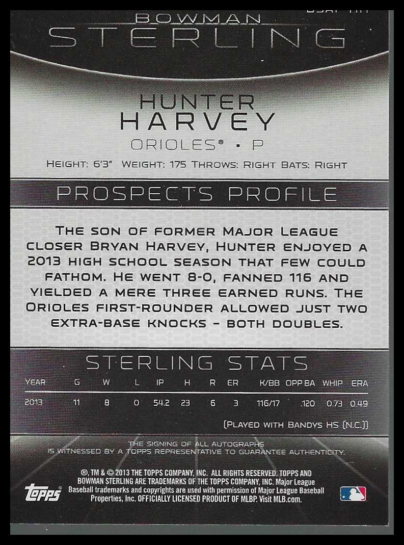 2013 Bowman Sterling Prospect Autographs #BSAP-HH Hunter Harvey - Veteran Sports Cards FL
