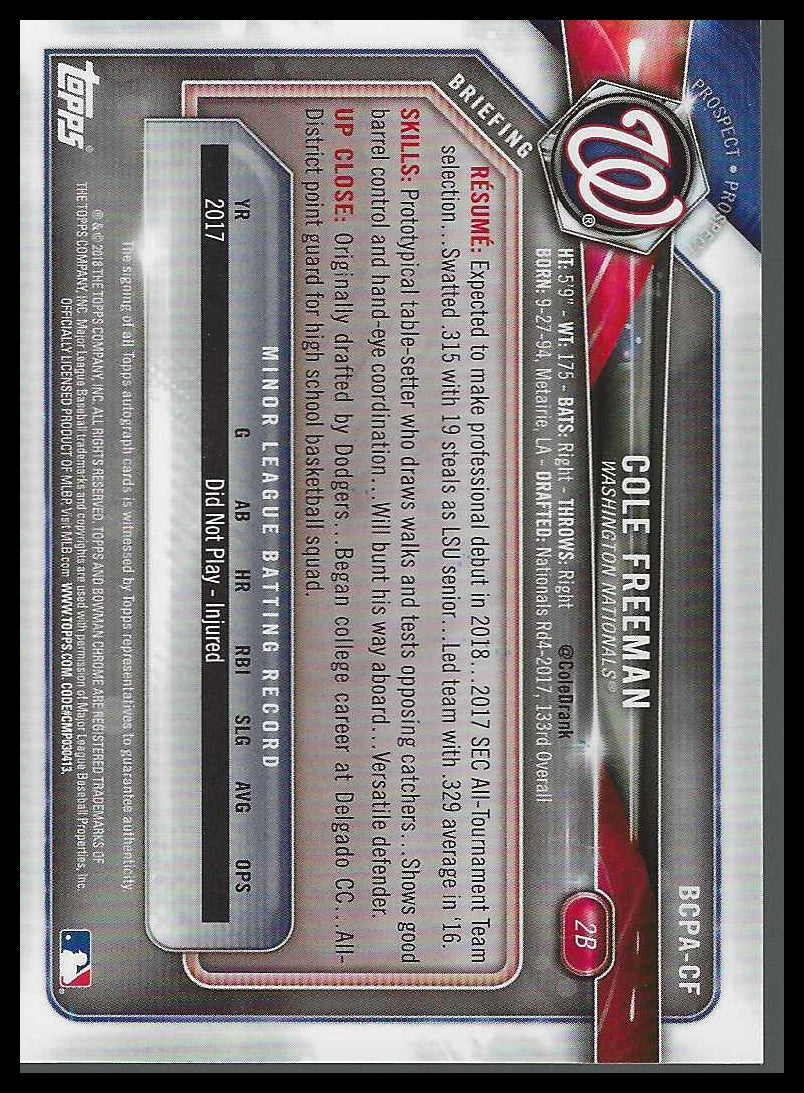 2018 Bowman Chrome Prospects Auto Orange Wave Refractor #BCPA-CF Cole Freeman - Veteran Sports Cards FL