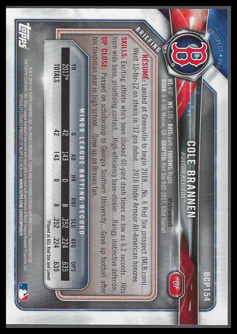 2018 Bowman Chrme Prospects Prpl Shimmer Refractor BCP154 Cole Brannen #518/655 - Veteran Sports Cards FL