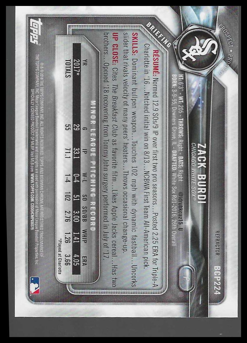 2018 Bowman Chrome Prospects Refractor #BCP224 Zack Burdi #246/499 - Veteran Sports Cards FL