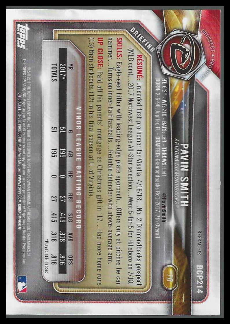 2018 Bowman Chrome Prospects Refractor #BCP214 Pavin Smith #311/499 - Veteran Sports Cards FL