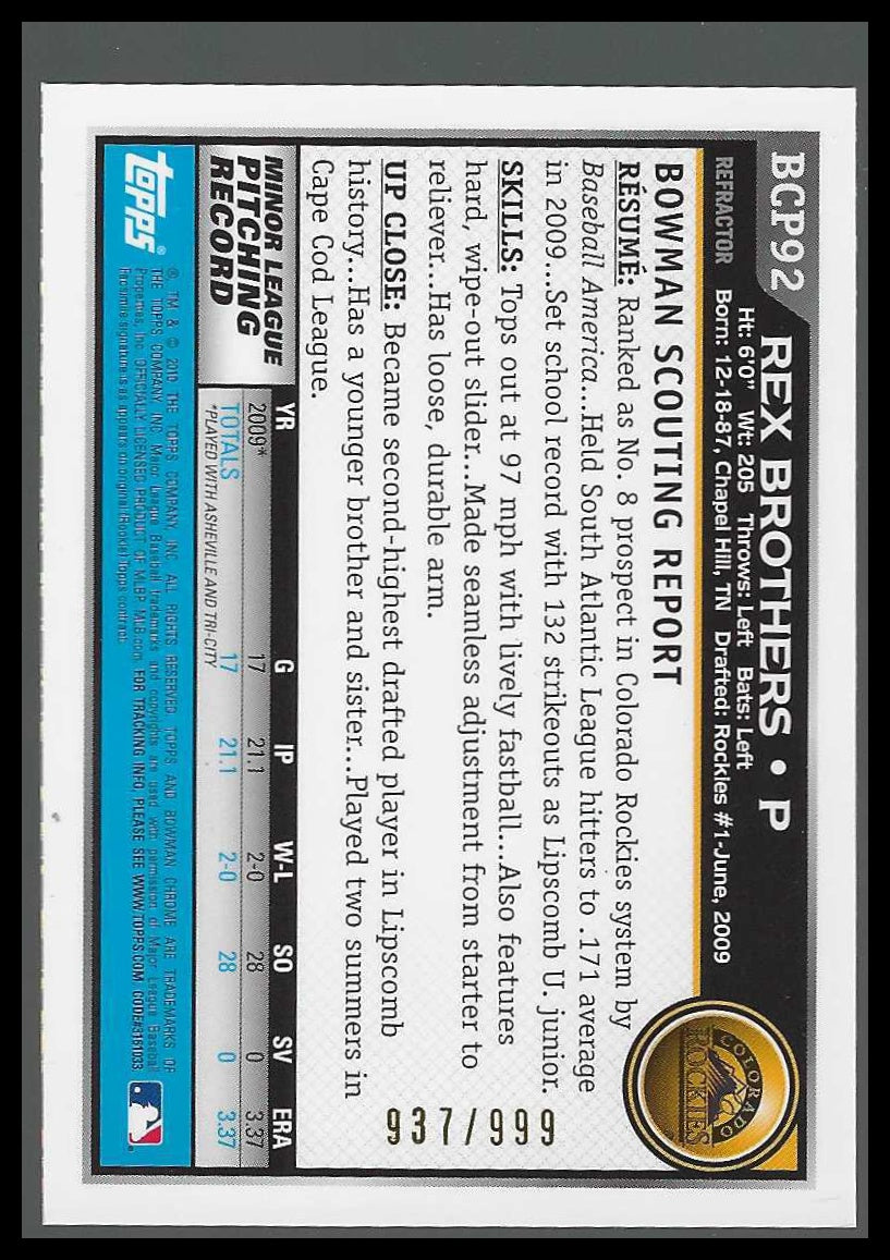 2010 Bowman Chrome Prospects Purple #BP92 Rex Brothers #937/999 - Veteran Sports Cards FL