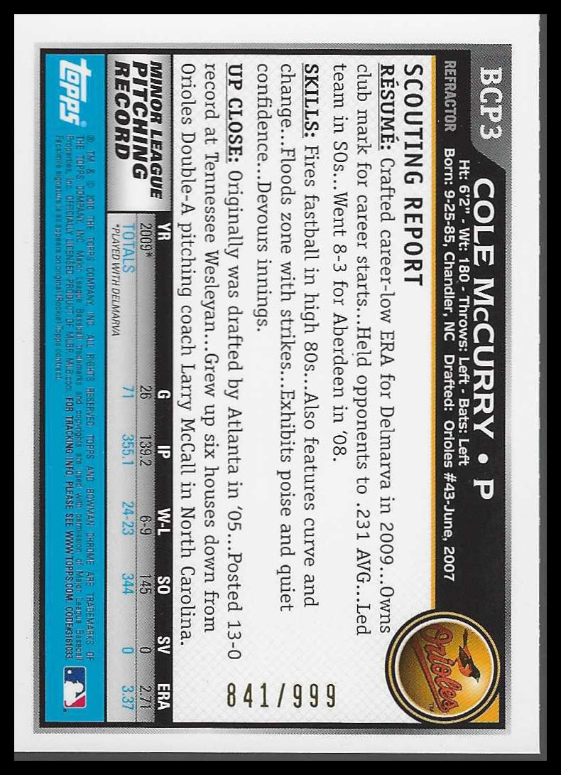 2010 Bowman Chrome Prospects Purple Refractors #BCP3 Cole McCurry #841/999 - Veteran Sports Cards FL