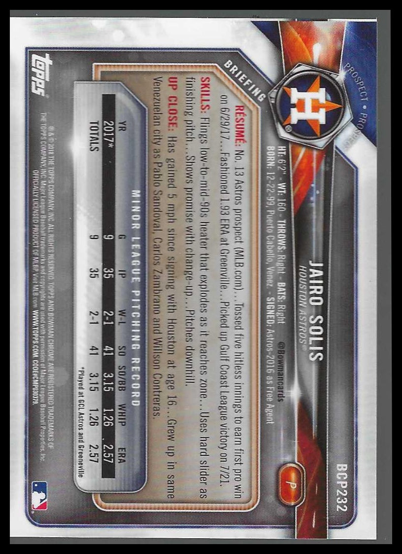 2018 Bowman Chrome Prospects Purple Shimmer Refractor #BCP232 Jairo Solis - Veteran Sports Cards FL