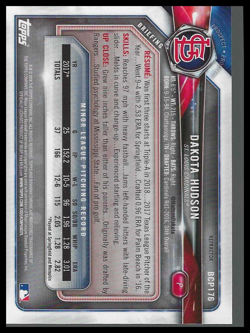 2018 Bowman Chrome Prospects Refractor #BCP176 Dakota Hudson #229/499 - Veteran Sports Cards FL