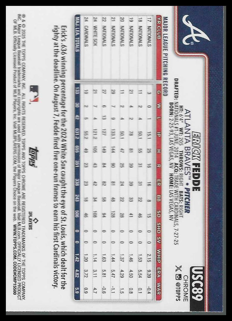 2025 Topps Chrome Update Aqua RayWave Refractor #USC89 Erick Fedde #102/199 - Veteran Sports Cards FL
