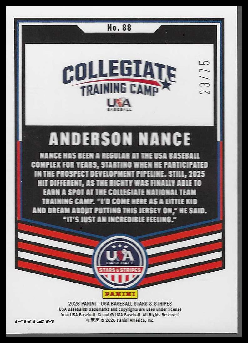 2026 Panini Stars & Stripes Prizm USA baseball Blue Pulsar #88 Anderson Nance - Veteran Sports Cards FL