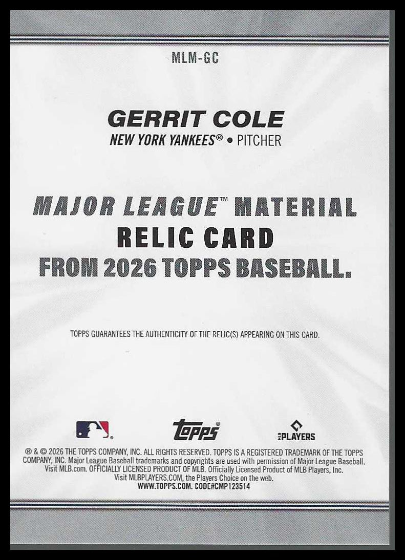 2026 Topps Major League Materials Relics #MLM-GC Gerrit Cole - Veteran Sports Cards FL