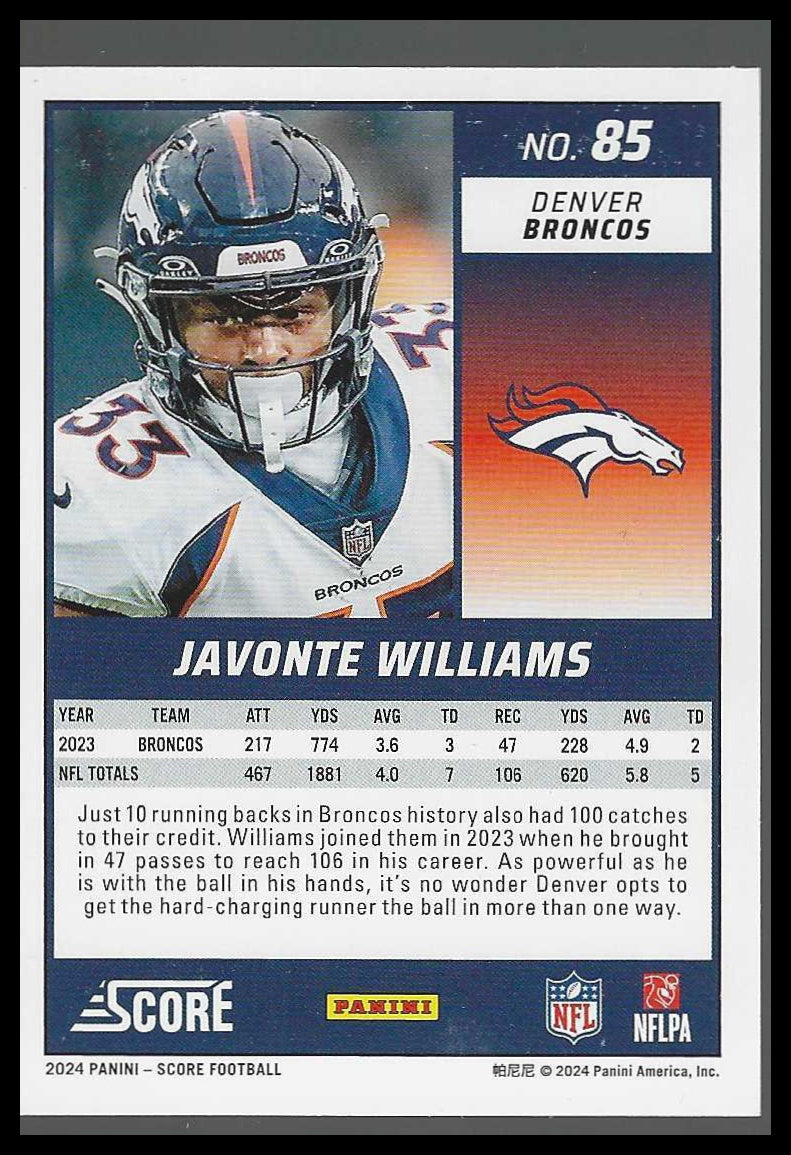 2024 Score Spokes #85 Javonte Williams #042/180 - Veteran Sports Cards FL