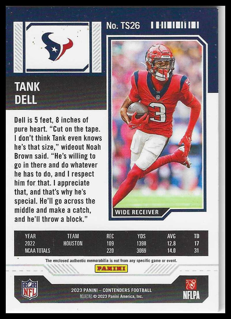 2023 Panini Contenders Rookie Ticket Swatches #TS26 Tank Dell - Veteran Sports Cards FL