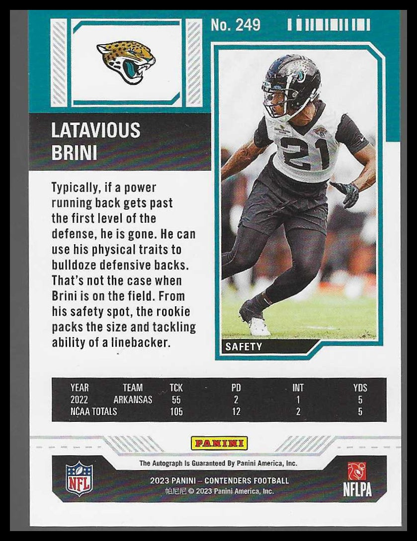 2023 Panini Contenders #249 Latavious Brini Rookie Autograph - Veteran Sports Cards FL