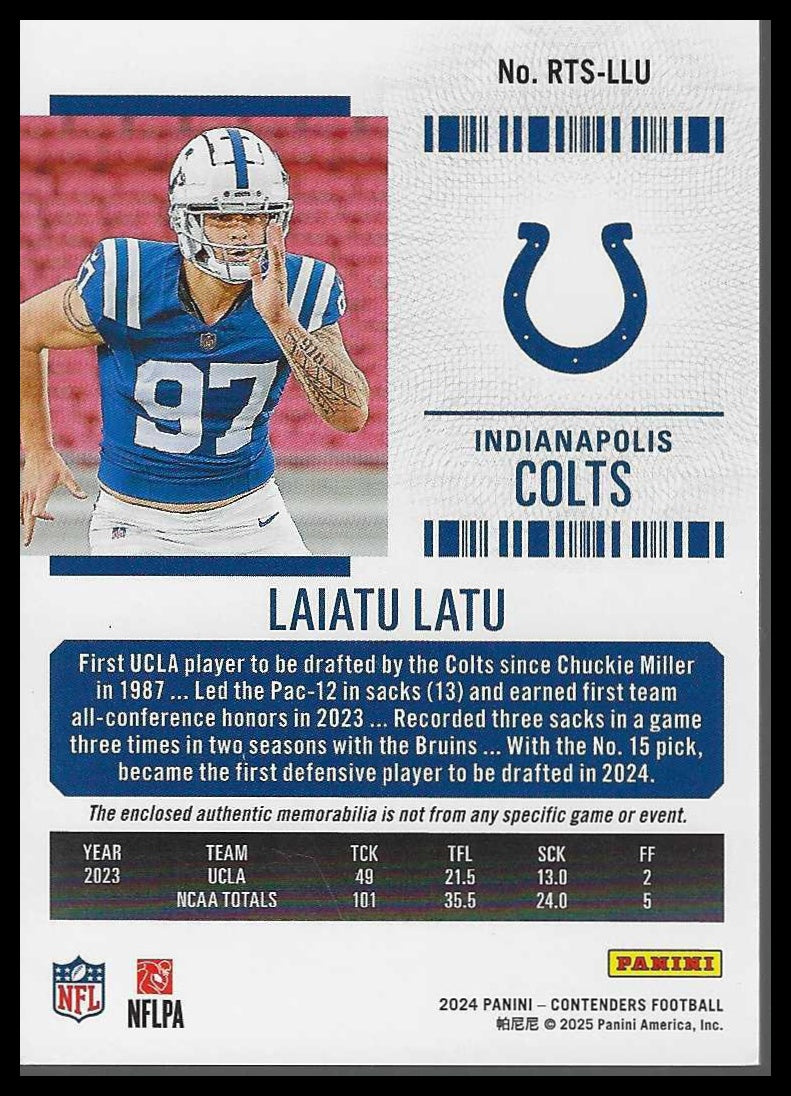 2024 Panini Contenders Rookie Ticket Swatches #RTS-LLU Laiatu Latu - Veteran Sports Cards FL