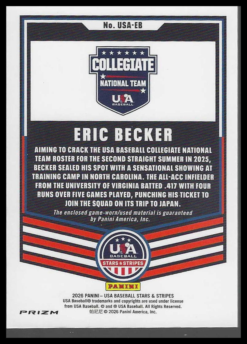 PANINI 2026 STARS & STRIPES ERIC BECKER GAME-WORN PRIZM #USA-EB COLLEGIATE USA - Veteran Sports Cards FL