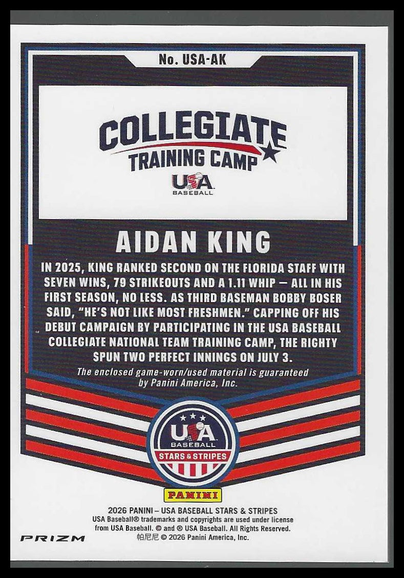 Aidan King 2026 Panini Prizm USA Stars & Stripes Silver Relic #USA-AK GAME WORN - Veteran Sports Cards FL