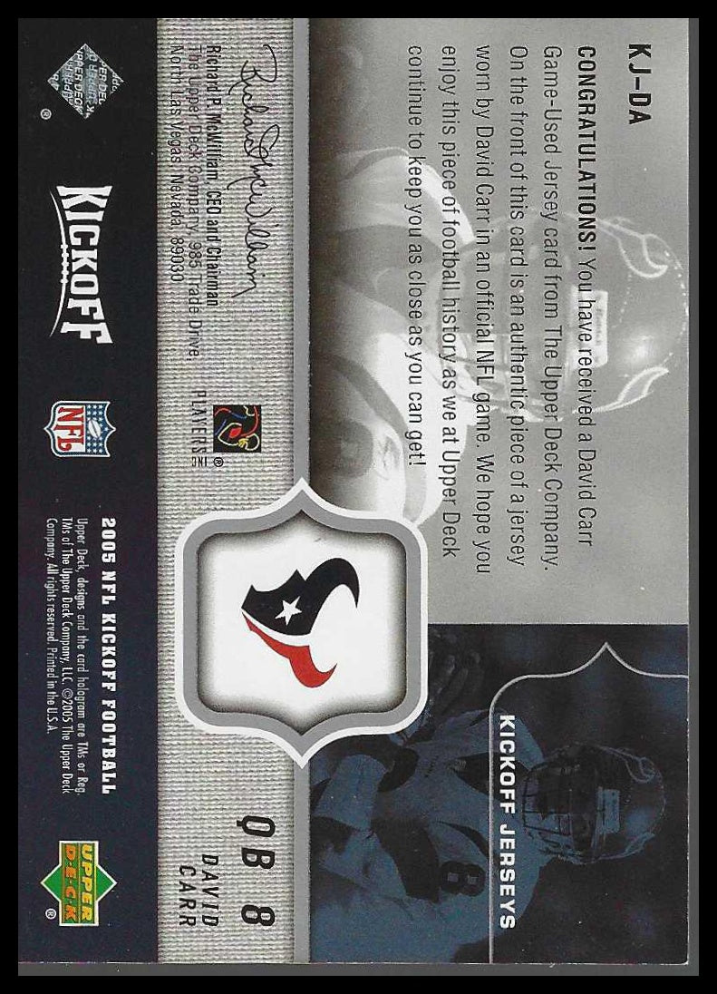 2005 Upper Deck Kickoff Game Jerseys #KJ-DA David Carr Game Worn - Veteran Sports Cards FL