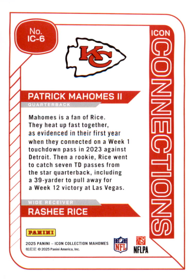 2025 Mahomes Icon Collection  Icon #IC6 Patrick Mahomes II Rashee Rice - Veteran Sports Cards FL