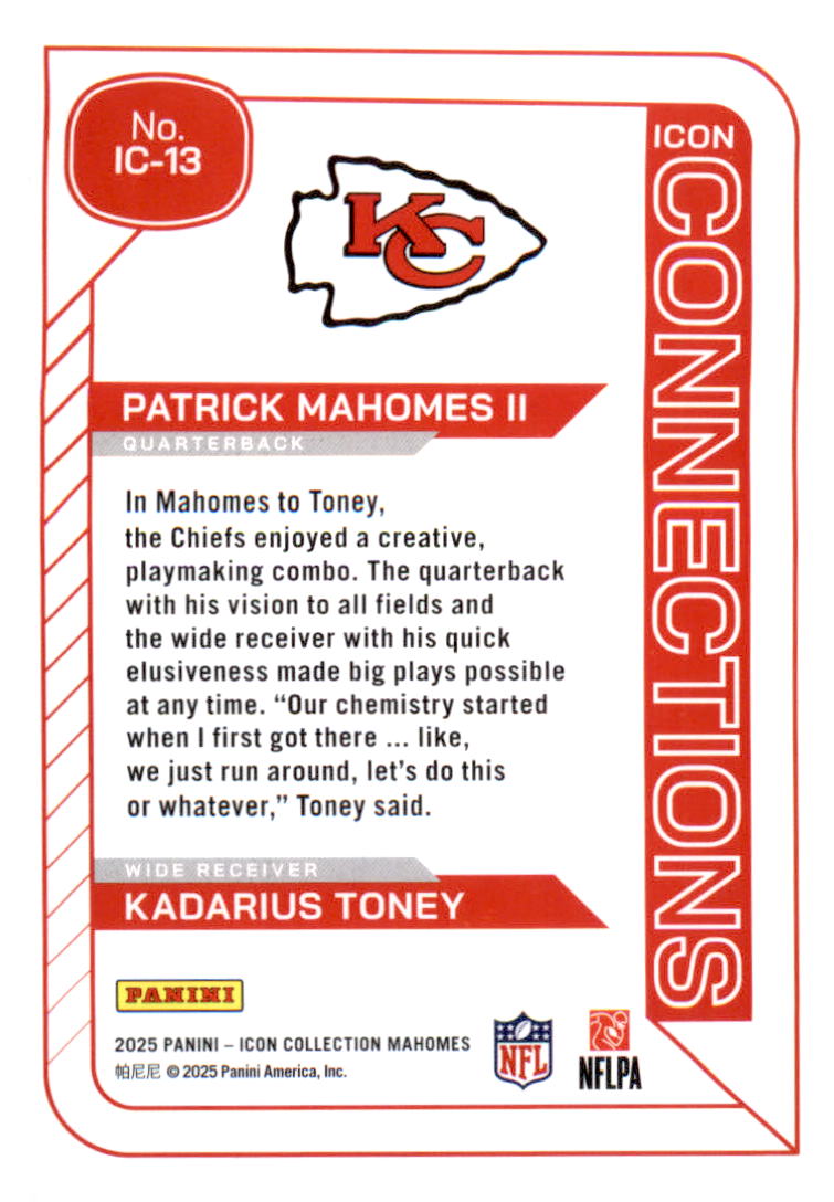 2025 Mahomes Icon Collection  Icon #IC-13 Patrick Mahomes II Kadarius Toney - Veteran Sports Cards FL