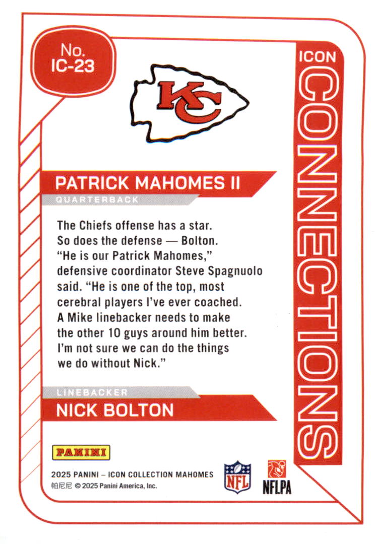 2025 Panini Mahomes Icon Collection  Icon #IC23 Patrick Mahomes II  Nick Bolton - Veteran Sports Cards FL