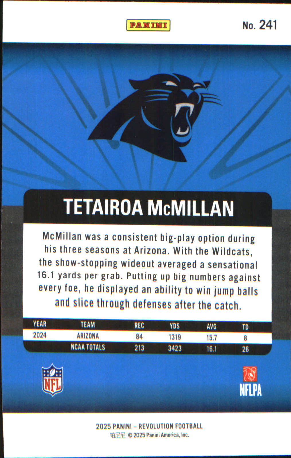 2025 Panini Revolution #241 Tetairoa McMillan Rookie RC - Veteran Sports Cards FL