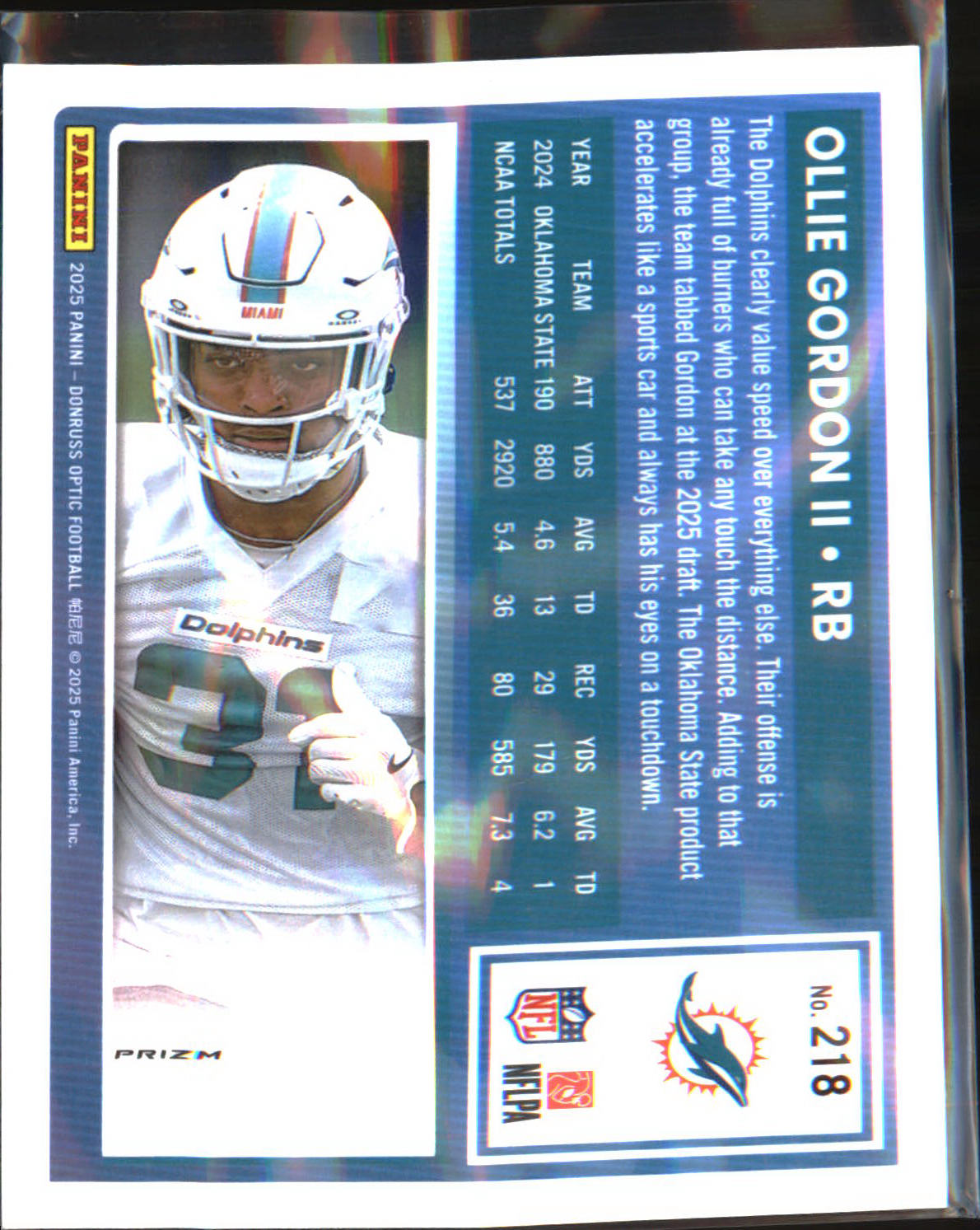 2025 Donruss Optic Blue Hyper Prizm Rated Rookie #394 Ollie Gordon II Rookie RC - Veteran Sports Cards FL