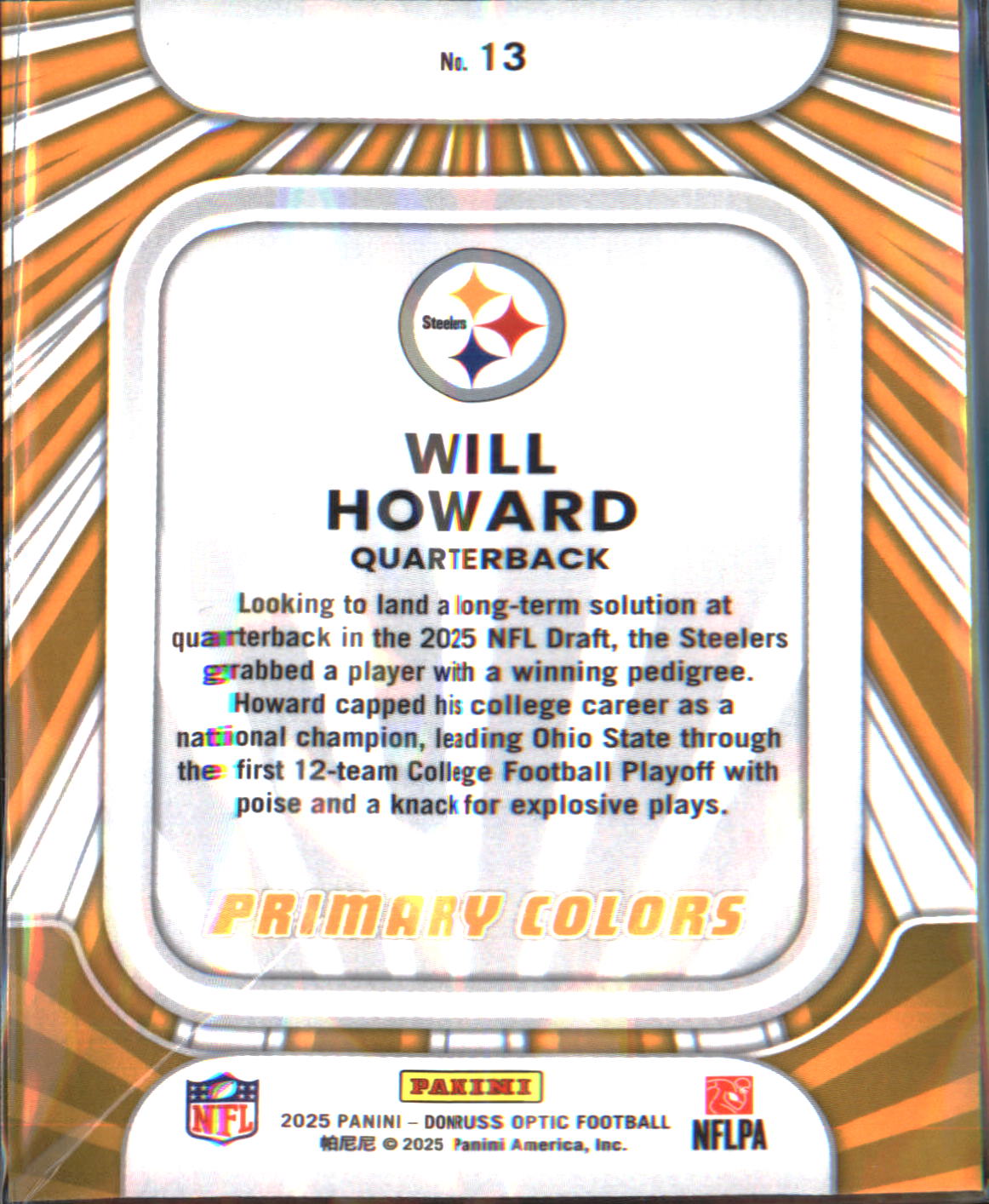 2025 Donruss Optic Rookie Primary Colors #13 Will Howard - Veteran Sports Cards FL