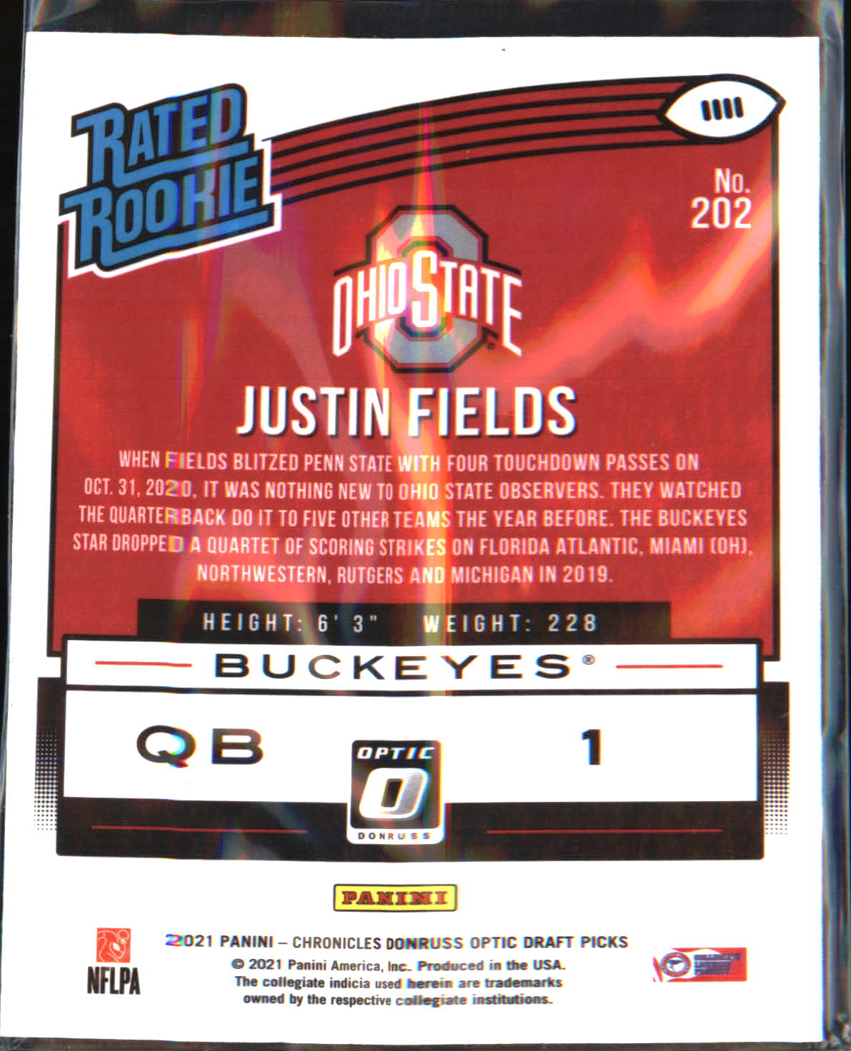 2021 Panini Chronicles Draft Picks Rated Rookie #202 Justin Fields - Veteran Sports Cards FL