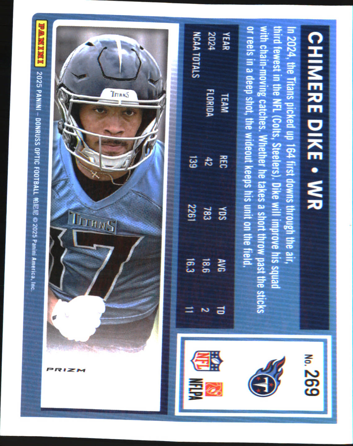 2025 Donruss Optic Blue Hyper #269 Chimere Dike Rookie RC - Veteran Sports Cards FL