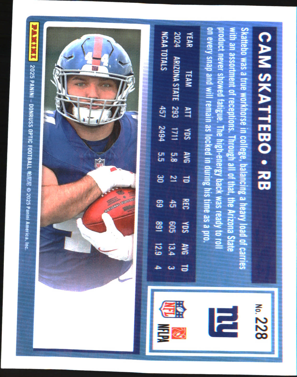 2025 Donruss Optic #228 Cam Skattebo Rookie RC - Veteran Sports Cards FL