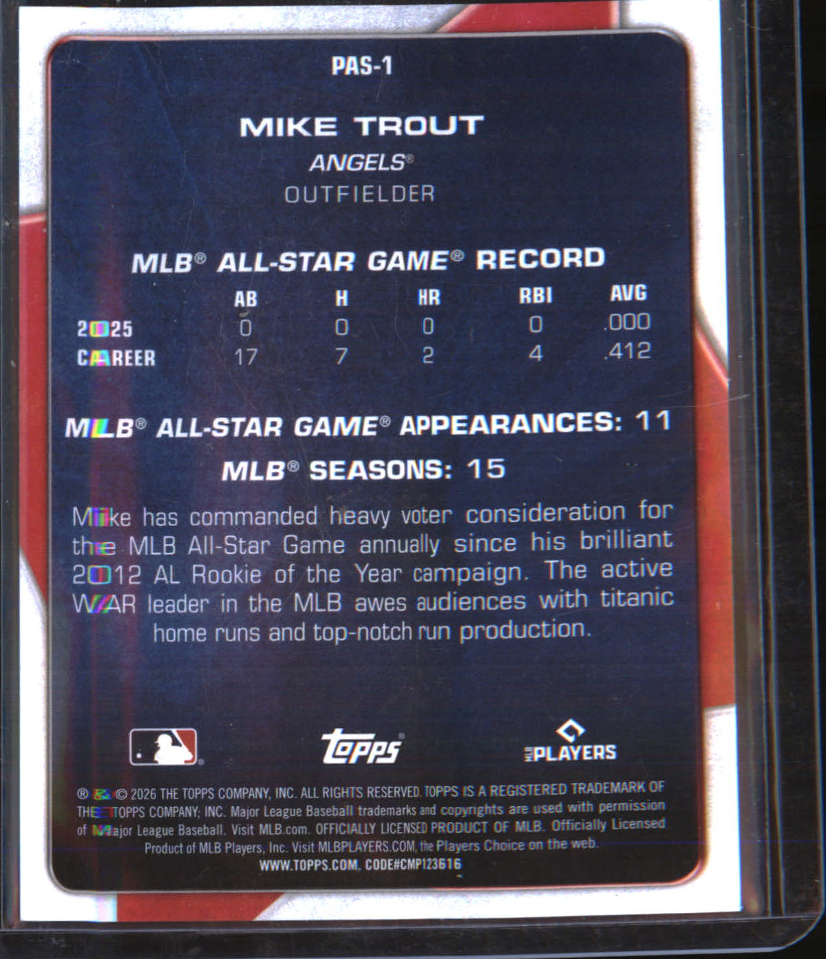 2026 Topps Perennial All Stars Gold #PAS-1 Mike Trout SN #/50 - Veteran Sports Cards FL