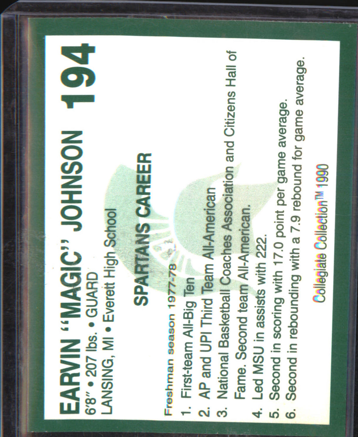 1990 Collegiate Collection Michigan State Spartans #194 Earvin "Magic" Johnson - Veteran Sports Cards FL