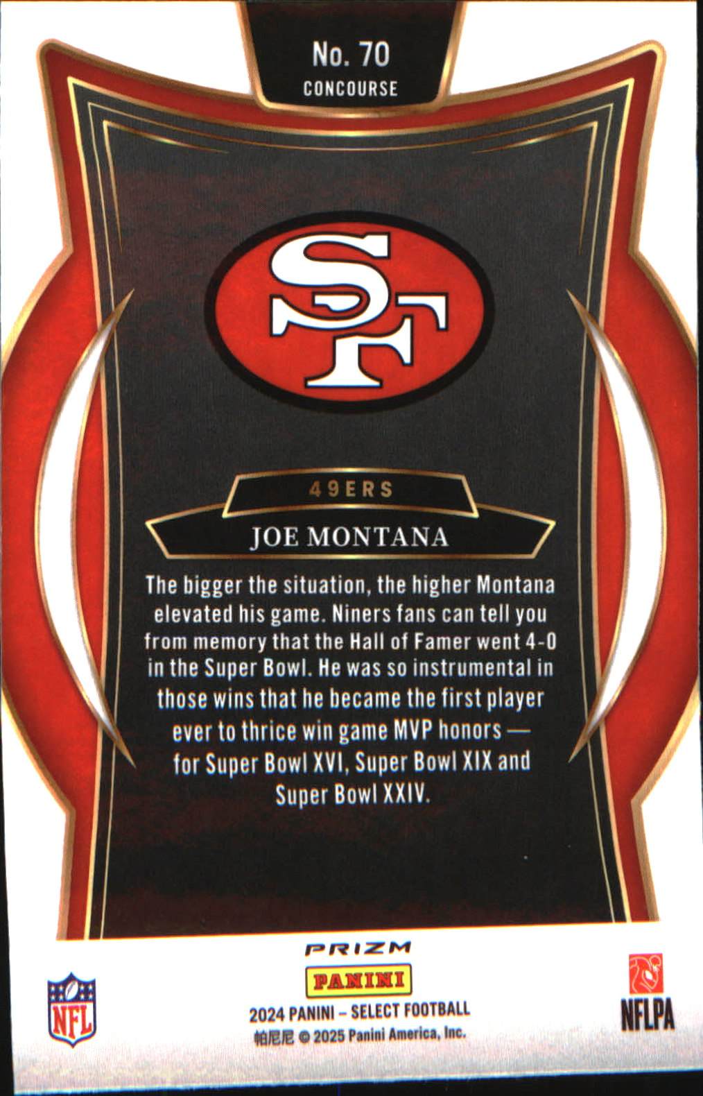 2024 Panini Select Black & Red Prizm Shock #70 Joe Montana - Veteran Sports Cards FL