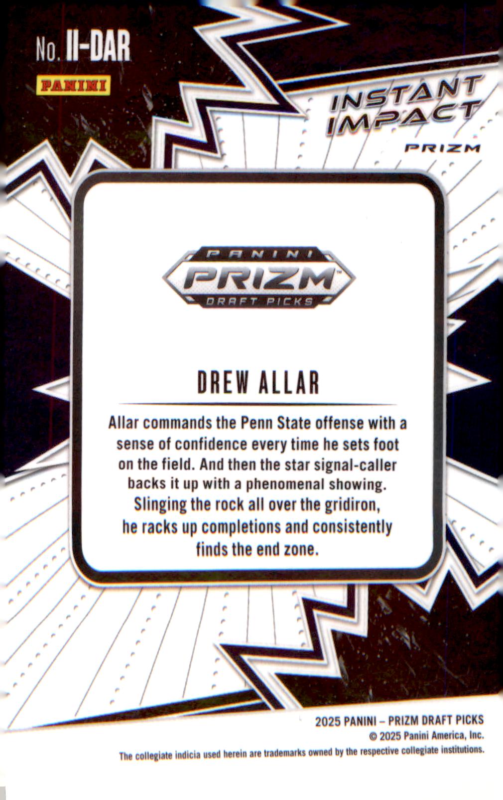 2025 Panini Prizm Draft Picks Instant Impact Gold Ice #II-DAR Drew Allar - Veteran Sports Cards FL