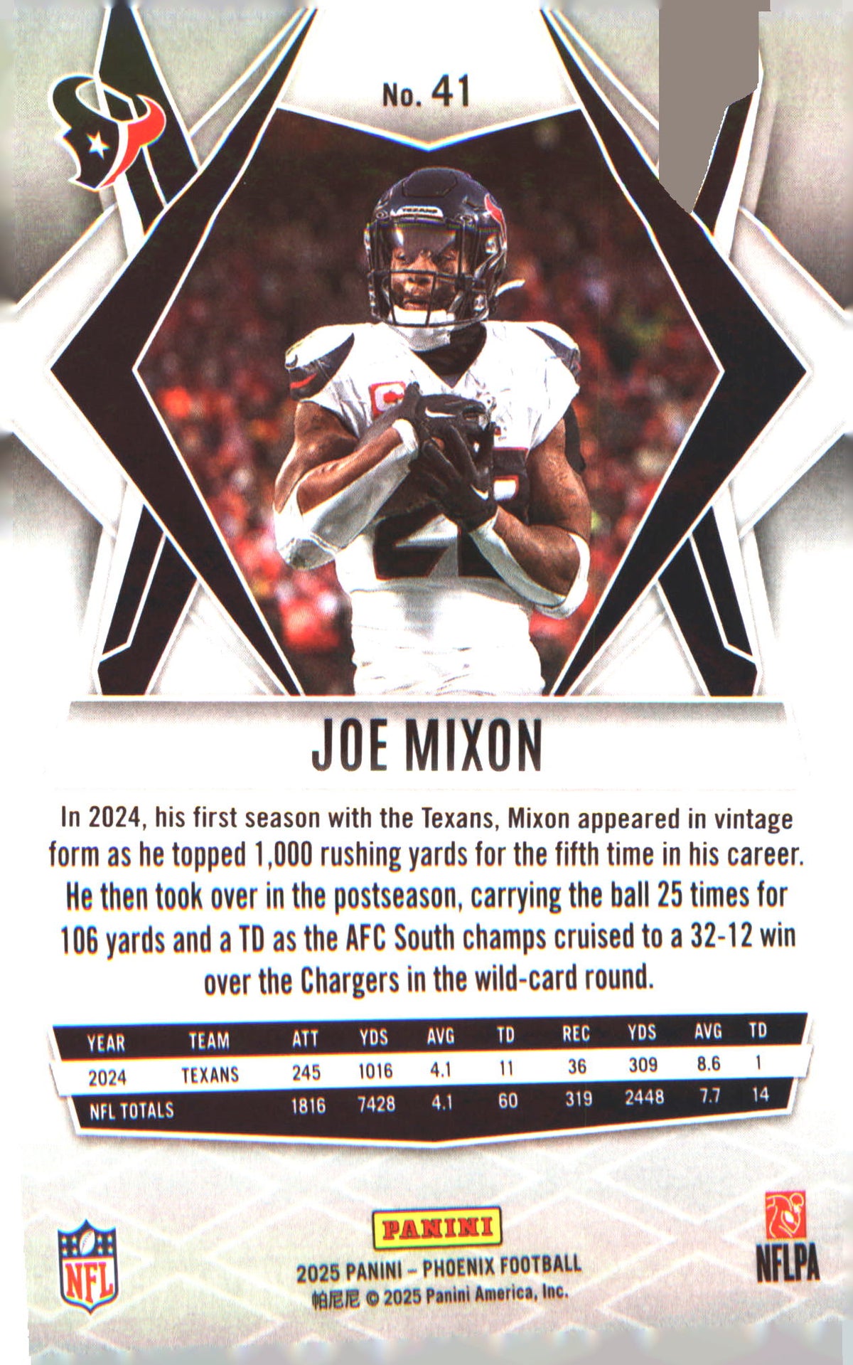 2025 Panini Phoenix Silver Pyramids Prizm #41 Joe Mixon - Veteran Sports Cards FL